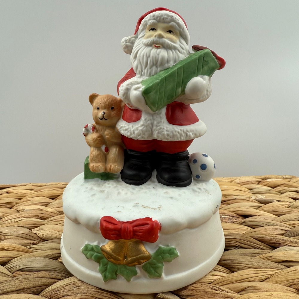 Vintage 80s Santa Claus Musical Figurine Teddy Bear Christmas Decoration Holiday